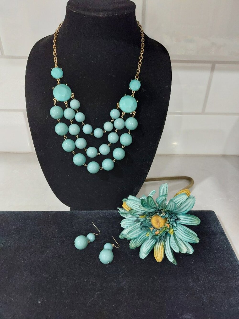 Necklace set, turquoise necklace & earrings, pierced